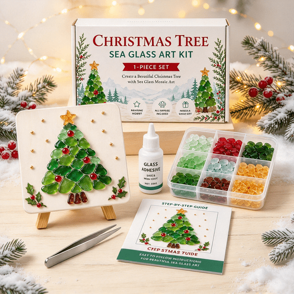 Christmas Sea Glass Art Kit, Beginner-Friendly DIY Mosaic Craft, All-in-One Holiday Gift Set for Adults & Teens