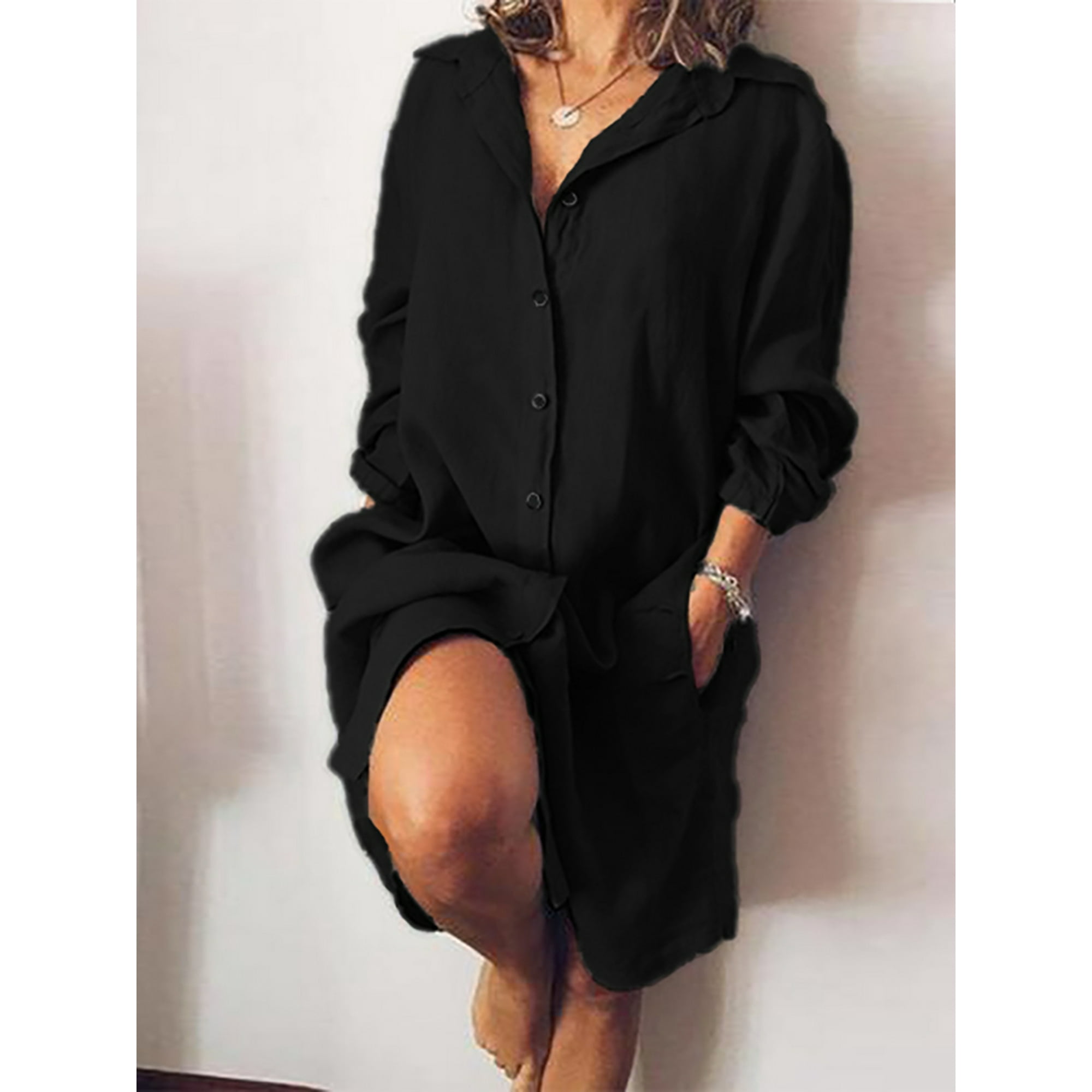 Zanzea Women Long Sleeve Button Down Shirt Dress Kaftan Midi Dress Retro Black