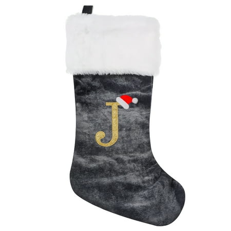 18 Inches Personalized Letter Christmas Stockings Monogram Christmas Stockings Grey Velvet with White Soft Plush Cuff Embroidered Classic Stocking Decoration for Family Holiday Season Decor
