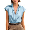 thumbnail image 2 of Only Moment Women's Short Sleeve Tops Short Sleeve V Neck Satin Short Sleeve Shirts Buttons Spring Fashion Summer Outfits Plus Size Blouses Dressy Casual Blouses for Women Casual Light Blue,S, 2 of 6