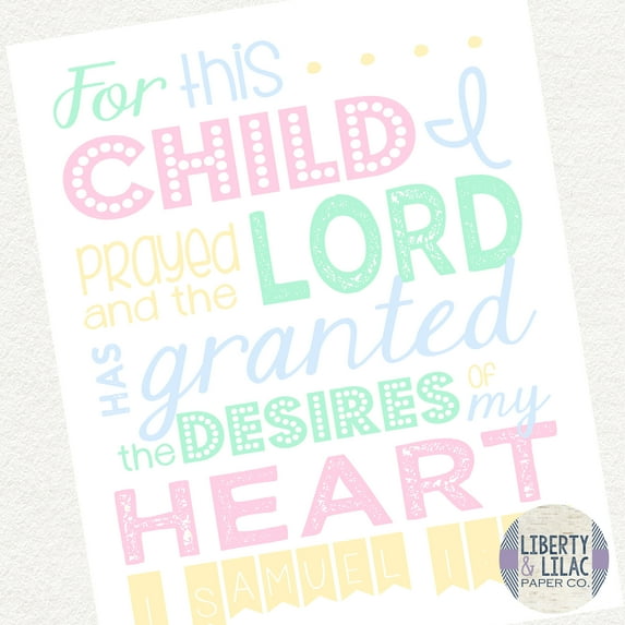 Gender Neutral Nursery Art For This Child I Prayed Christian Art Bible Verse Gender Neutral Pastels Pink Blue Yellow Green Baby Shower Gift Christening Gift Baptism Gift 8x10