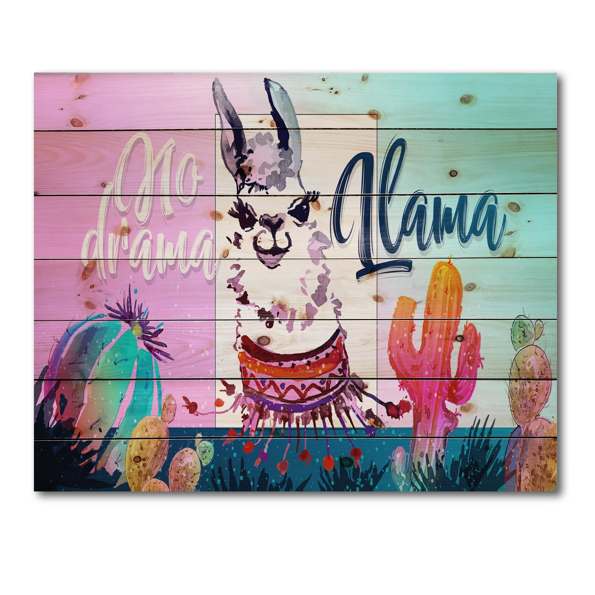 Designart 'No Drama and Colorful Llama' Children's Art Print on Natural Pine Wood