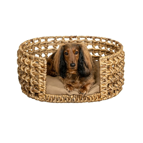 THE LICKER STORE Gigi 24" x 18" Modern Bohemian Handwoven Hyacinth Open-Weave Oval Pet Bed with Machine-Washable Cushion, Natural, DBD4000A