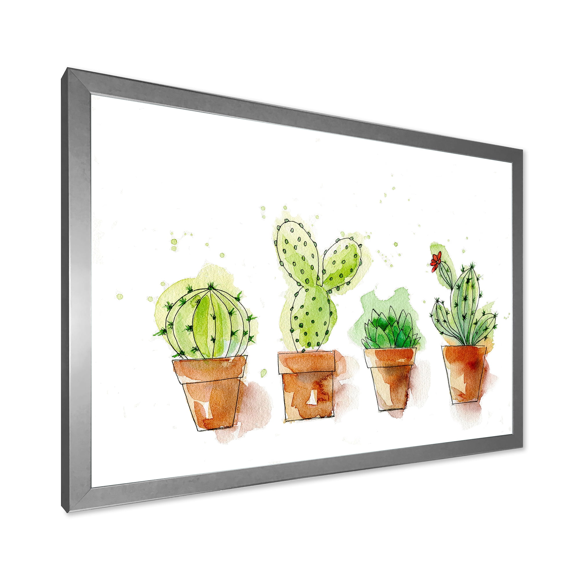Designart 'Cacti In Gentle Tones In Ceramic Pots I' Traditional Framed Art Print