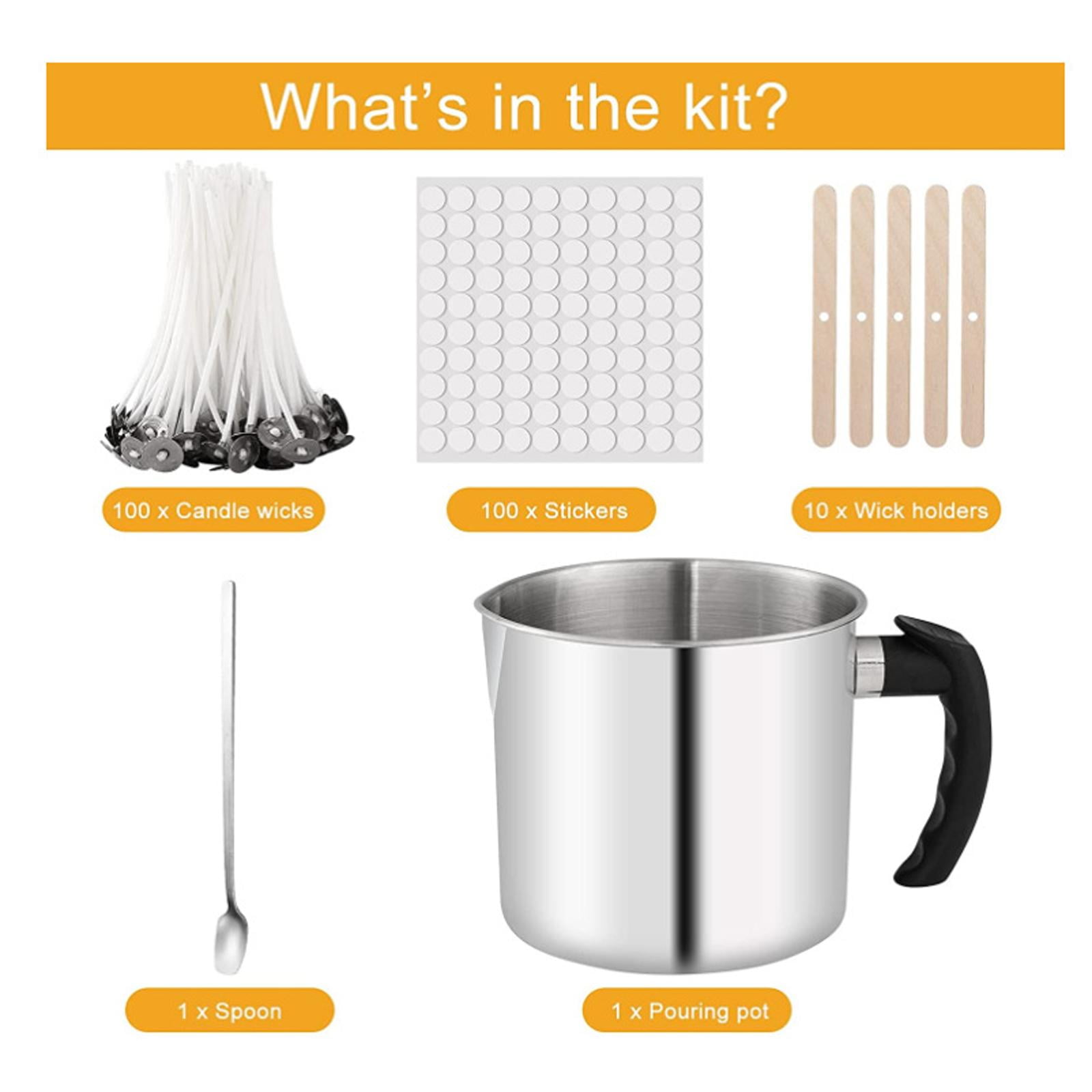 GUOOL DIY Candle Making Kit with 1 piece Melting Pouring Pot, 100PCS Candle Wicks, 100PCS Candle Wicks Sticker, 1 piece Spoon, 10PCS Wicks Holders Making Candles