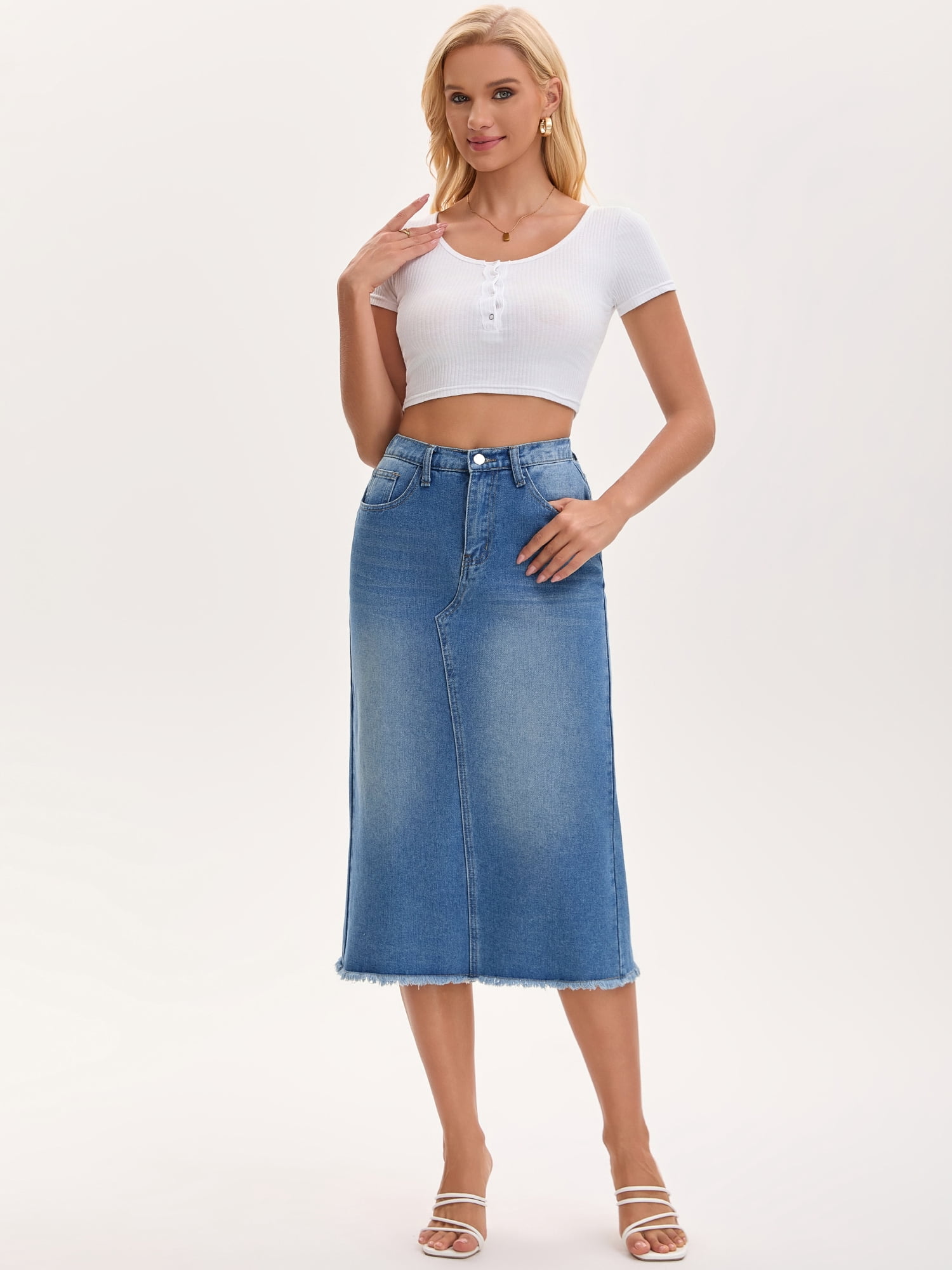 DARING DIVA Women's Long Denim Split Back Pockets Maxi Jean Skirts X-Large Blue