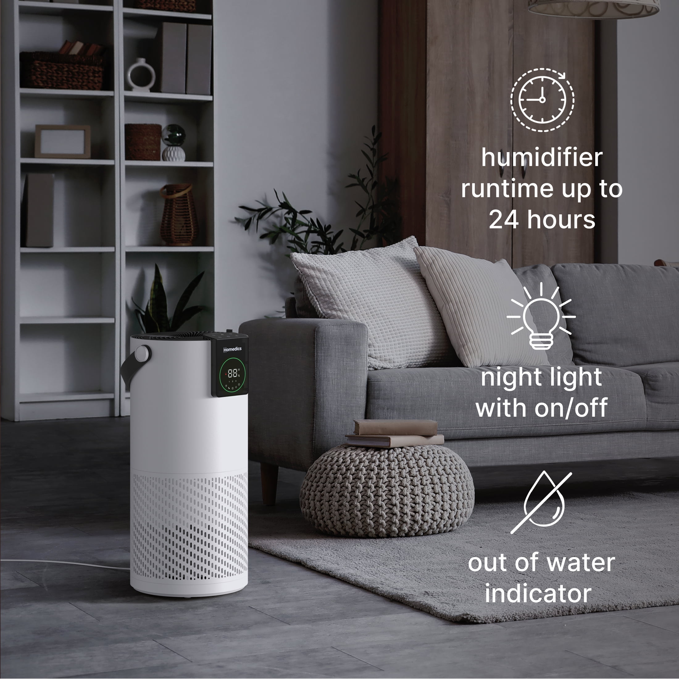 Homedics® 2-in-1 Air Purifier & Humidifier, with Digital Auto adjusting Humidistat, Color-Coded Indicator