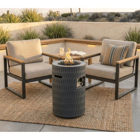 Propane Fire Pit, Outdoor Gas Patio Fire Pit 40,000 BTU, Cylindrical Concrete Fire Pit with Hidden 20lb Tank Storage, Modern Textured Fire Column, Includes Lava Rocks & Waterproof Cover –Dark Grey
