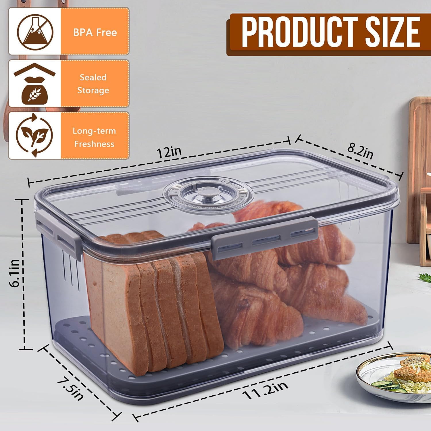 BAODELI Bread Box Bread Boxes for Kitchen Counter Airtight, Time Recording Bread Storage Container with Lid, Bread Keeper for Homemade Bread, Toast, Bagel, Donut and Cookies, (Extra large size)