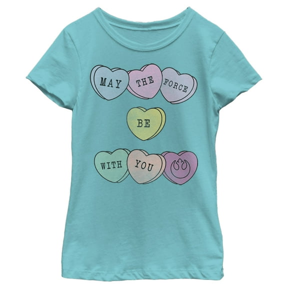 Girl's Star Wars Valentine's Day May Force Candy Heart Graphic Tee Tahiti Blue Medium