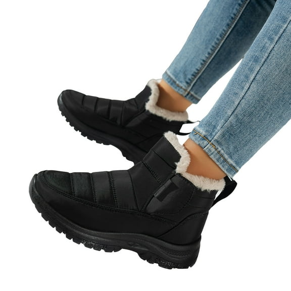 Rokment Womens Winter Snow Boots with Fleece Lined Thermal Cold Weather Platform Low Heel Non Slip Nursing Walking Work Ankle Booties Black Size 5.5