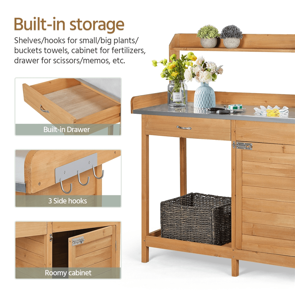Renwick Outdoor Garden Potting Bench with Cabinet & Open Shelf, Wood
