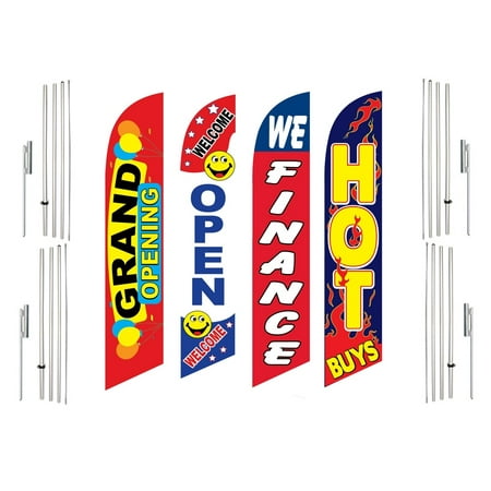 4 Swooper Flags With 4 Pole Kits Grand Opening Welcome Open We Finance Hot Buys