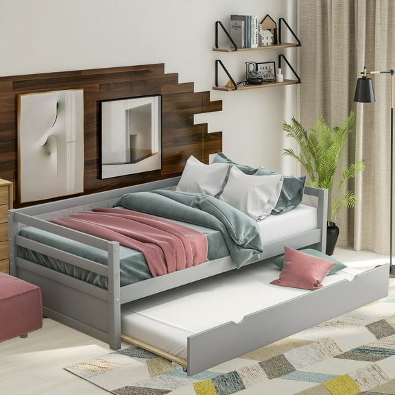 Twin Size Daybed with Trundle Bed, Wooden Sofa Bed Couch For Bedroom, Gray
