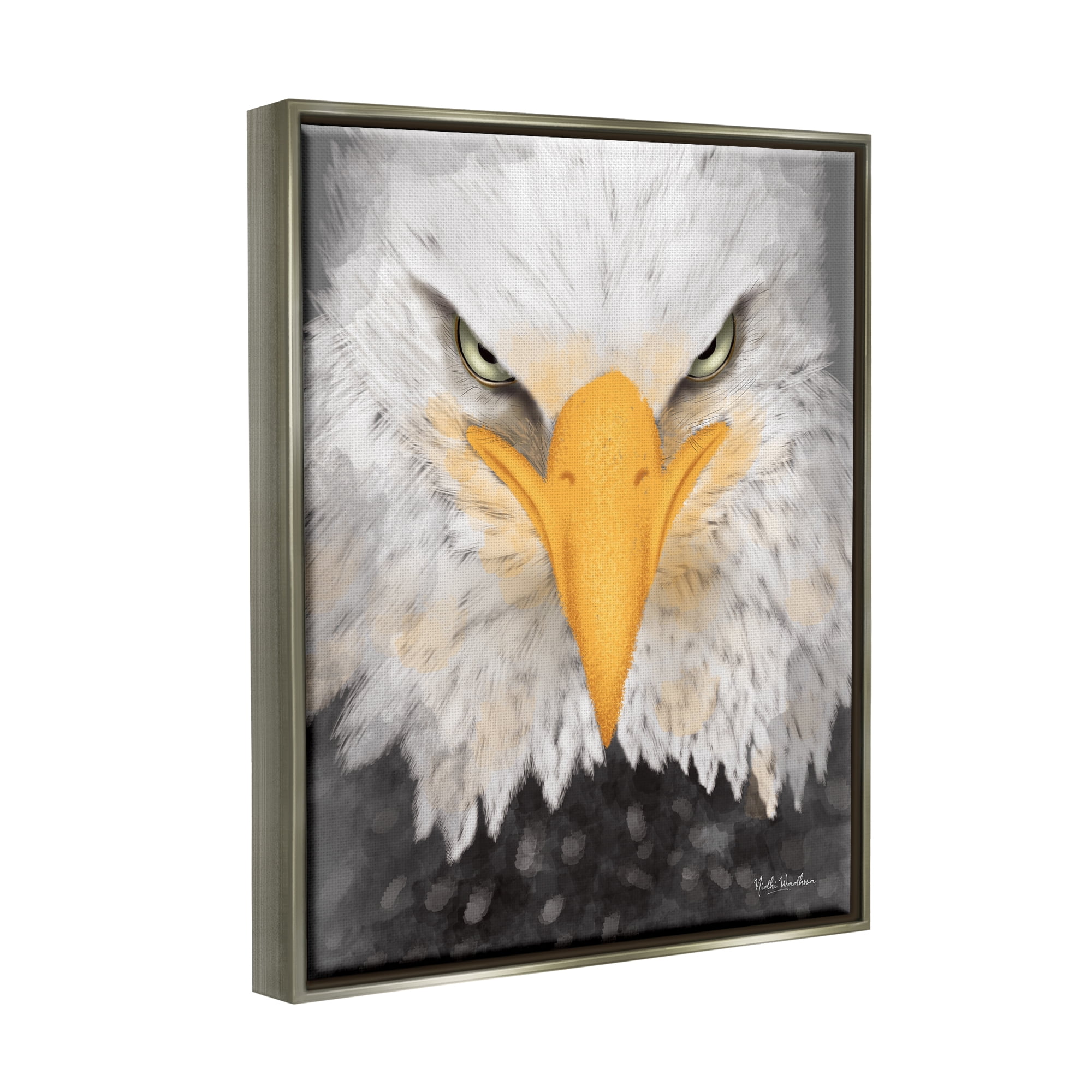 Stupell Industries Bald Eagle Gaze Portrait Animals & Insects Painting Gray Floater Framed Art Print Wall Art, 17 x 21