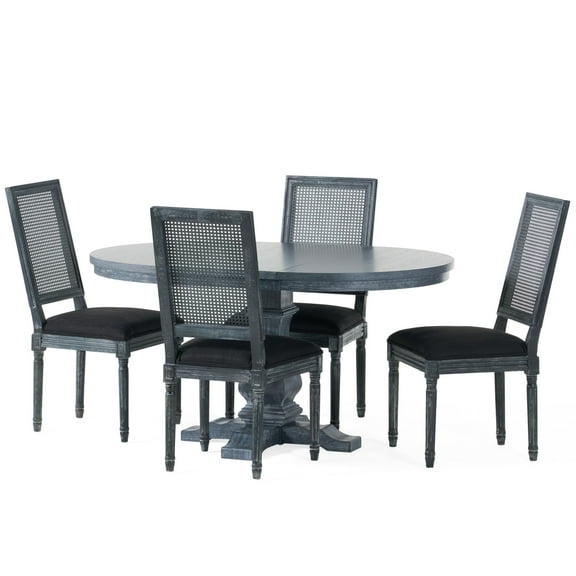 Brownell French Country Wood and Cane 5-Piece Expandable Oval Dining Set, Black and Gray
