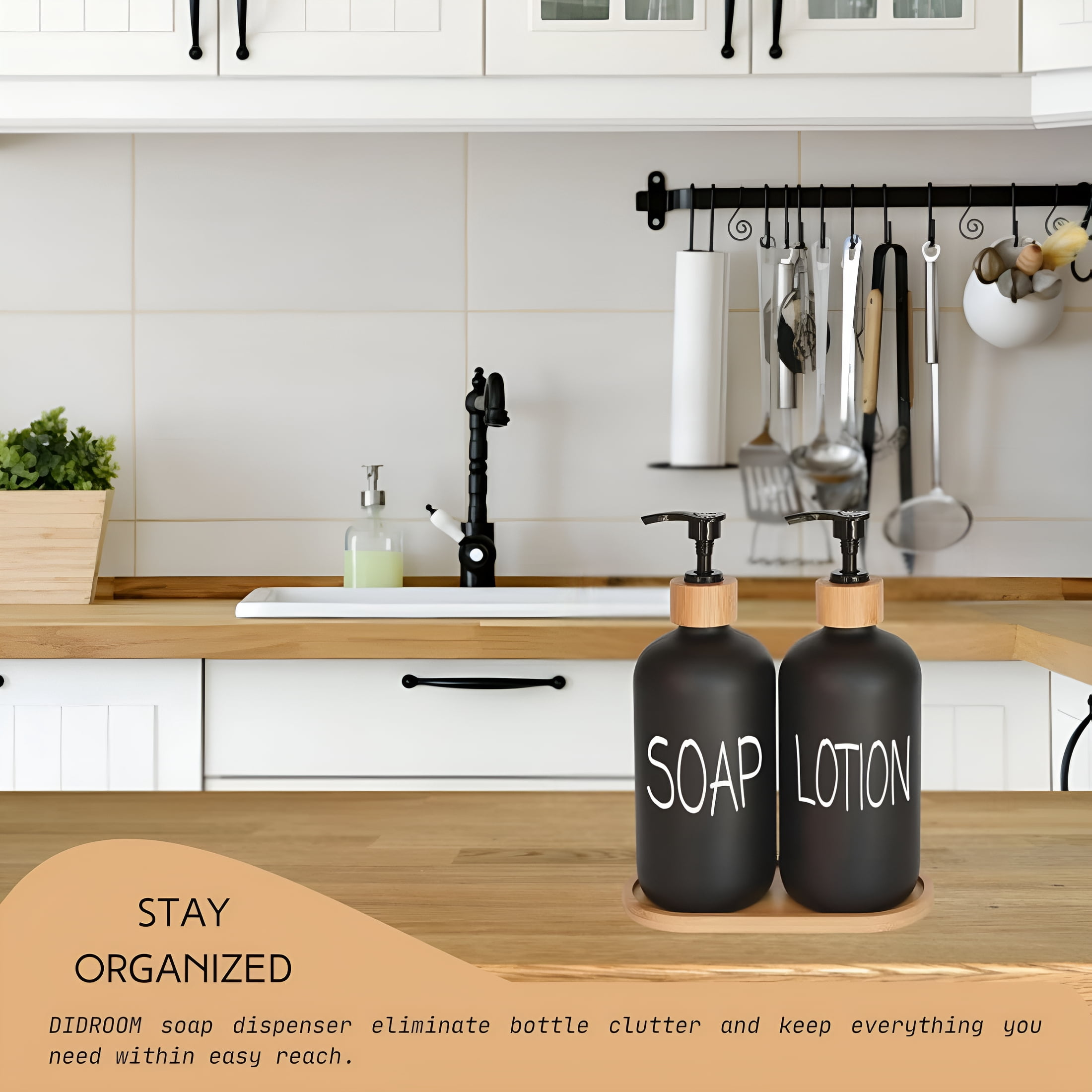 ACDANC Black Soap Dispenser Bathroom Set,Set with Glass Dispenser,Bamboo Pumps & Tray. Hand and Lotion Suitable for Farmhouse Decor