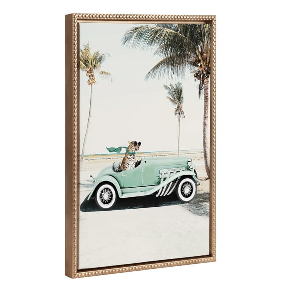 Kate and Laurel Sylvie Beaded Leopard in Car Beach Palms Vintage Framed Canvas Wall Art by July Art Prints, 18x24 Gold, Beach Animal Art for Wall