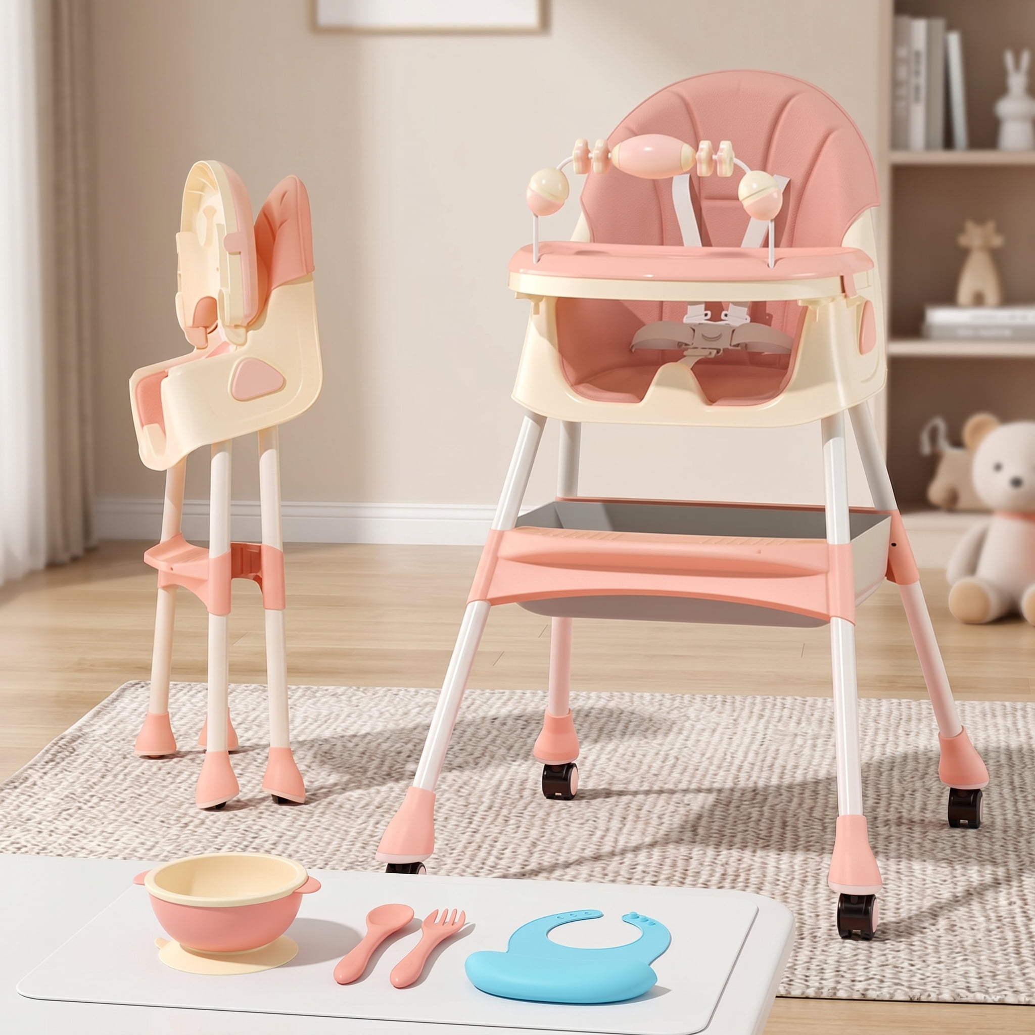 YUCHANG 4- in-1 Baby High Chair,Adjustable Convertible Infant Baby Feeding Chair Booster for Eating with Detachable Double Tray,5 Point Harness