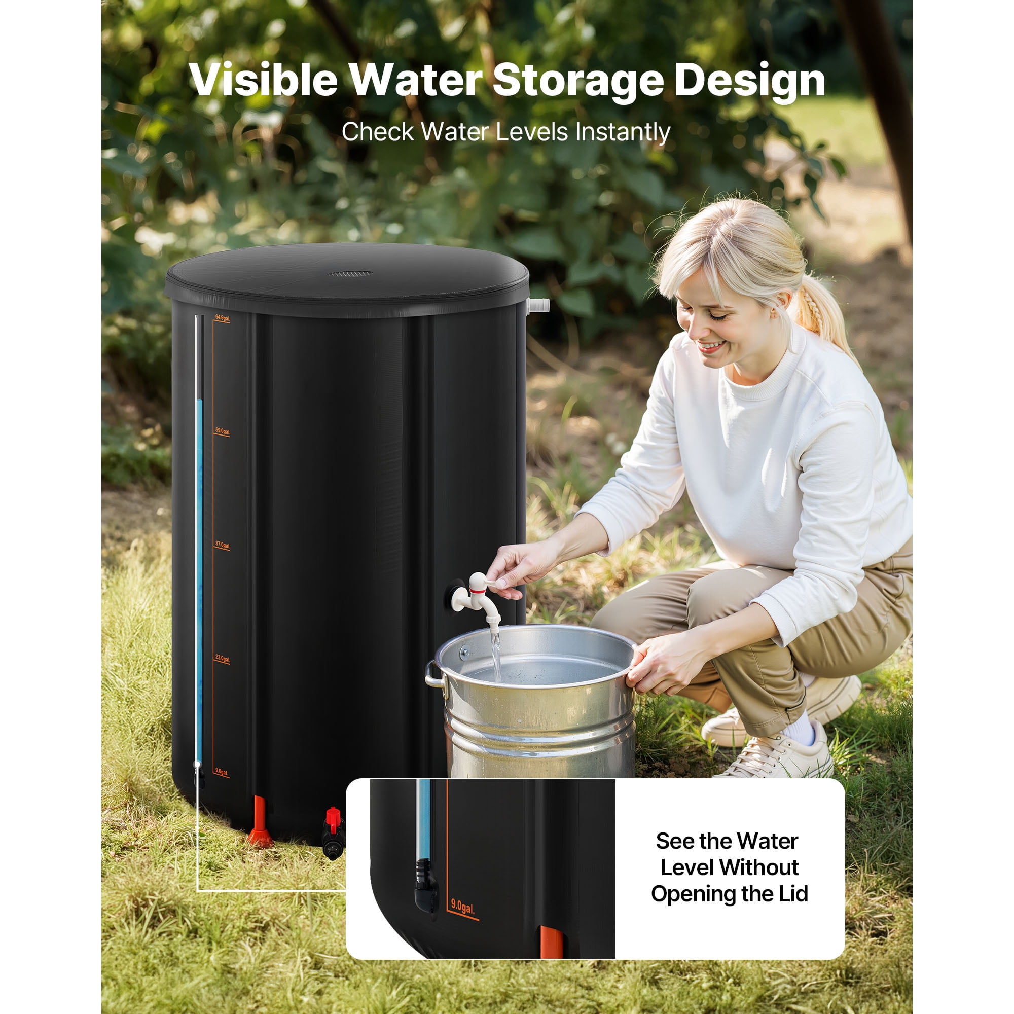 KFFKFF Collapsible Rain Barrel, 66 Gallon Portable Rainwater Collection System, 500D PVC Garden Water Storage Container with Spigot & Overflow Kit, Black