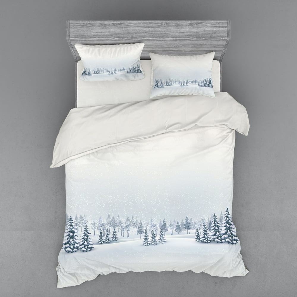 Winter Duvet Cover Set, Cold Season Scene in a Park Trees Foggy Misty