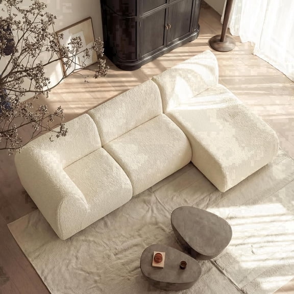 Vorthio Boneless 3-Seater Modular Sectional Sofa with Chaise, Reversible L-Shaped Sherpa Couch with High-Density Foam, No Assembly for Living Room White