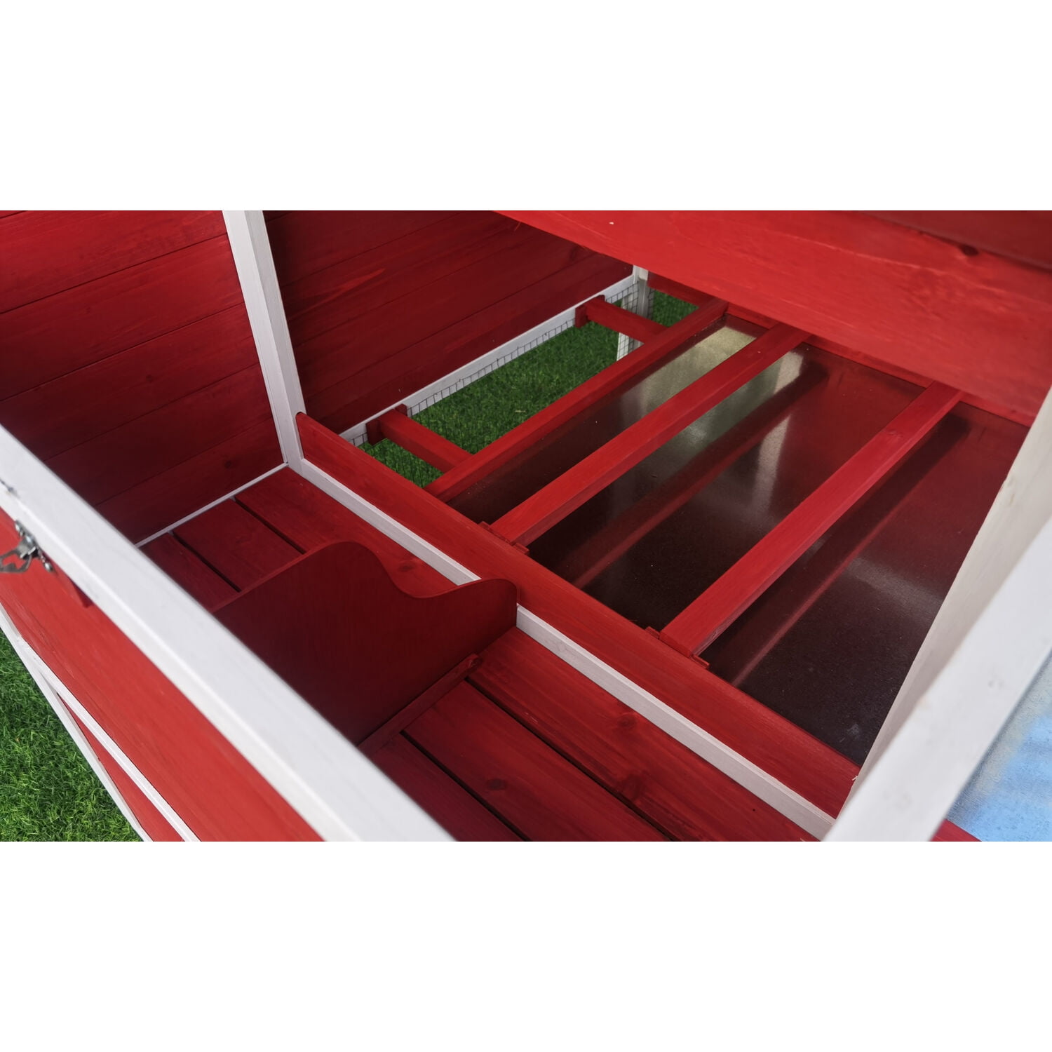 Hanover Outdoor Elevated Red Wood Chicken Coop with Ramp, Wire Mesh Run