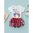 thumbnail image 3 of Kiapeise Baby Girl Independent Day Outfits Short Sleeve Letters Print Romper Tops Drawstring Shorts Dress 2pcs Sets, 3 of 9
