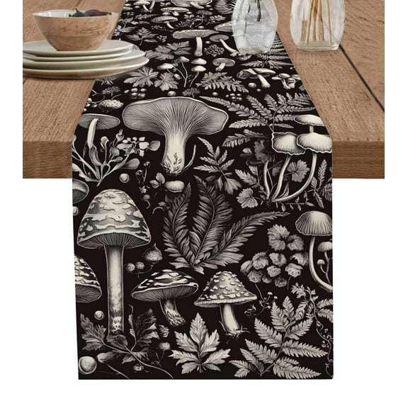 Mushroom Table Runner 60 Inches, Vintage Botanical Plant Herb Ferns Flower Bed Runner Dresser Scarves Tabletop for Indoor Outdoor Parties/Ceremony/Banquet, 13" x 60"