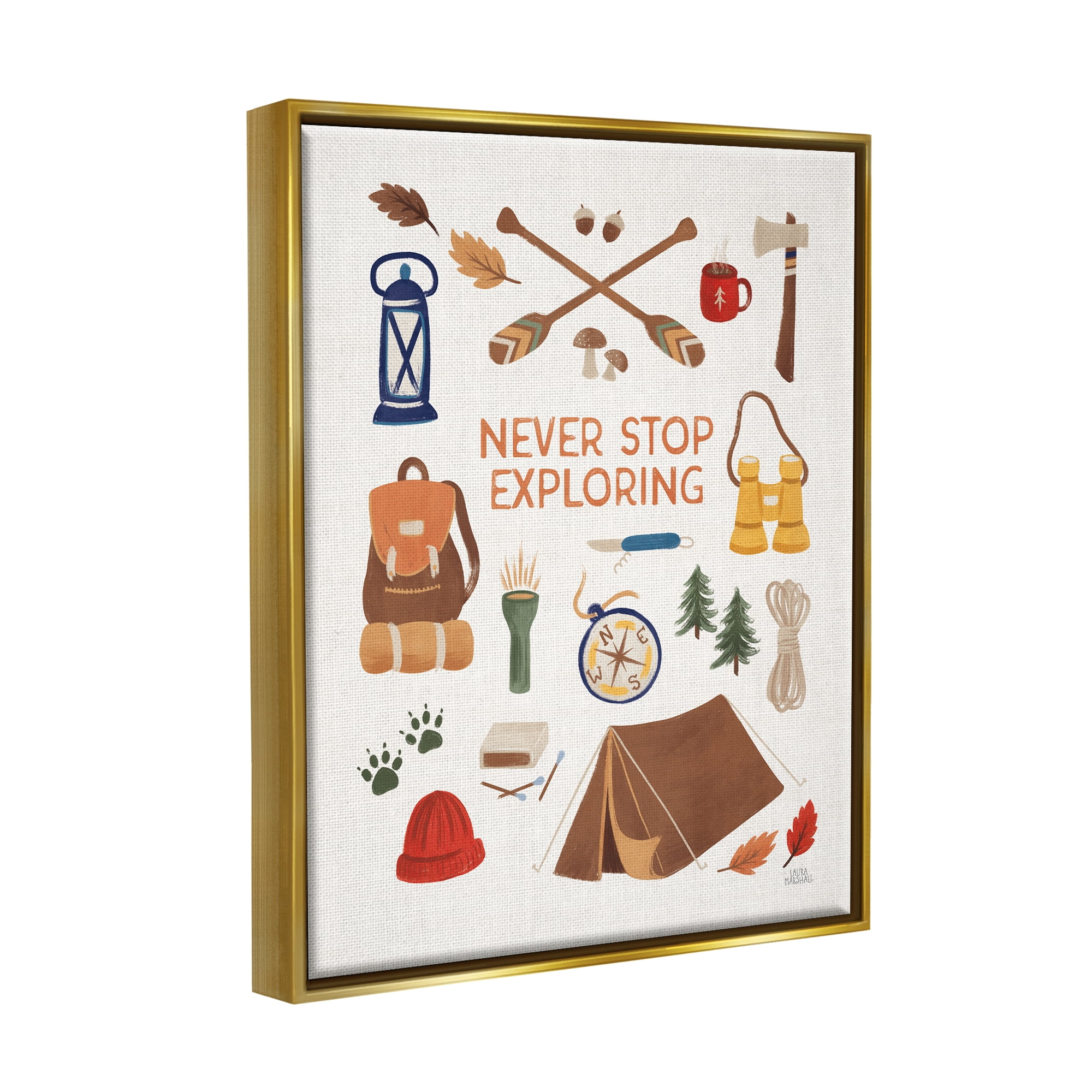 Stupell Industries Never Stop Exploring Phrase Typography Painting Gold Floater Framed Art Print Wall Art, 17 x 21