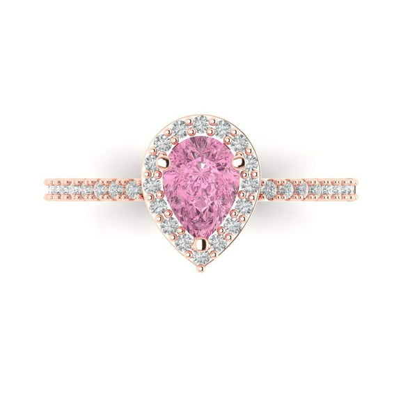 0.755 ctw with Simulated Diamond Halo Accents Anniversary Ring for Women | Pear Cut Simulated Pink Diamond | Hyperallergenic Solid 14K Rose Gold