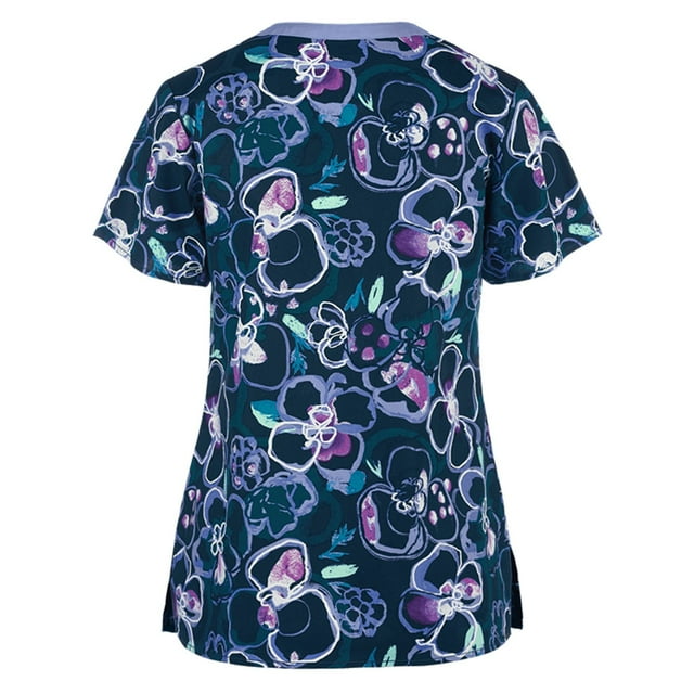 Pompotops Chemisier Décontracté à Manches Courtes à Fleurs pour Femmes, Col en V, Uniforme de Travail