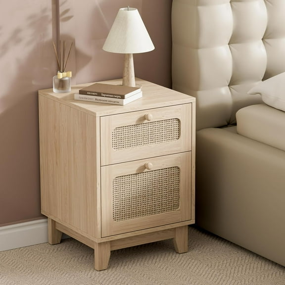 Rattan Nightstands, Night Stands with Drawer, Rattan Decor for Bedroom, Dorm and Small Spaces, Natural (no Charging Station, 1)
