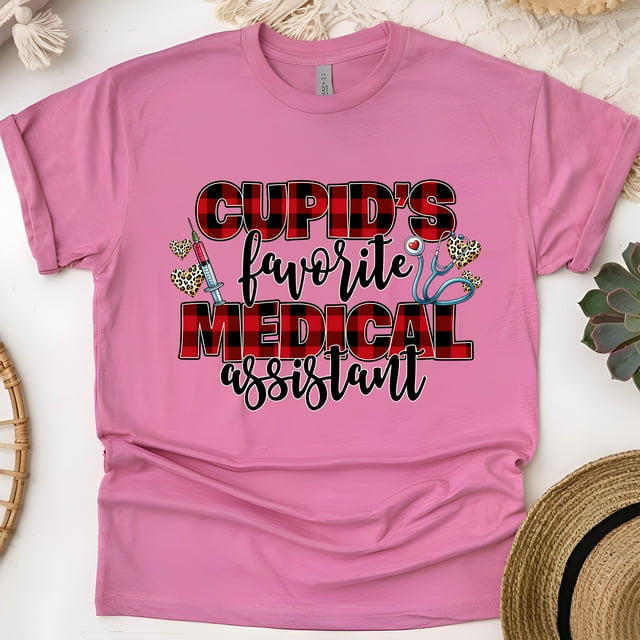 Cupid’s Favorite Medical Assistant Shirt | Plaid Heart MA Tee, Heliconia, Size XL