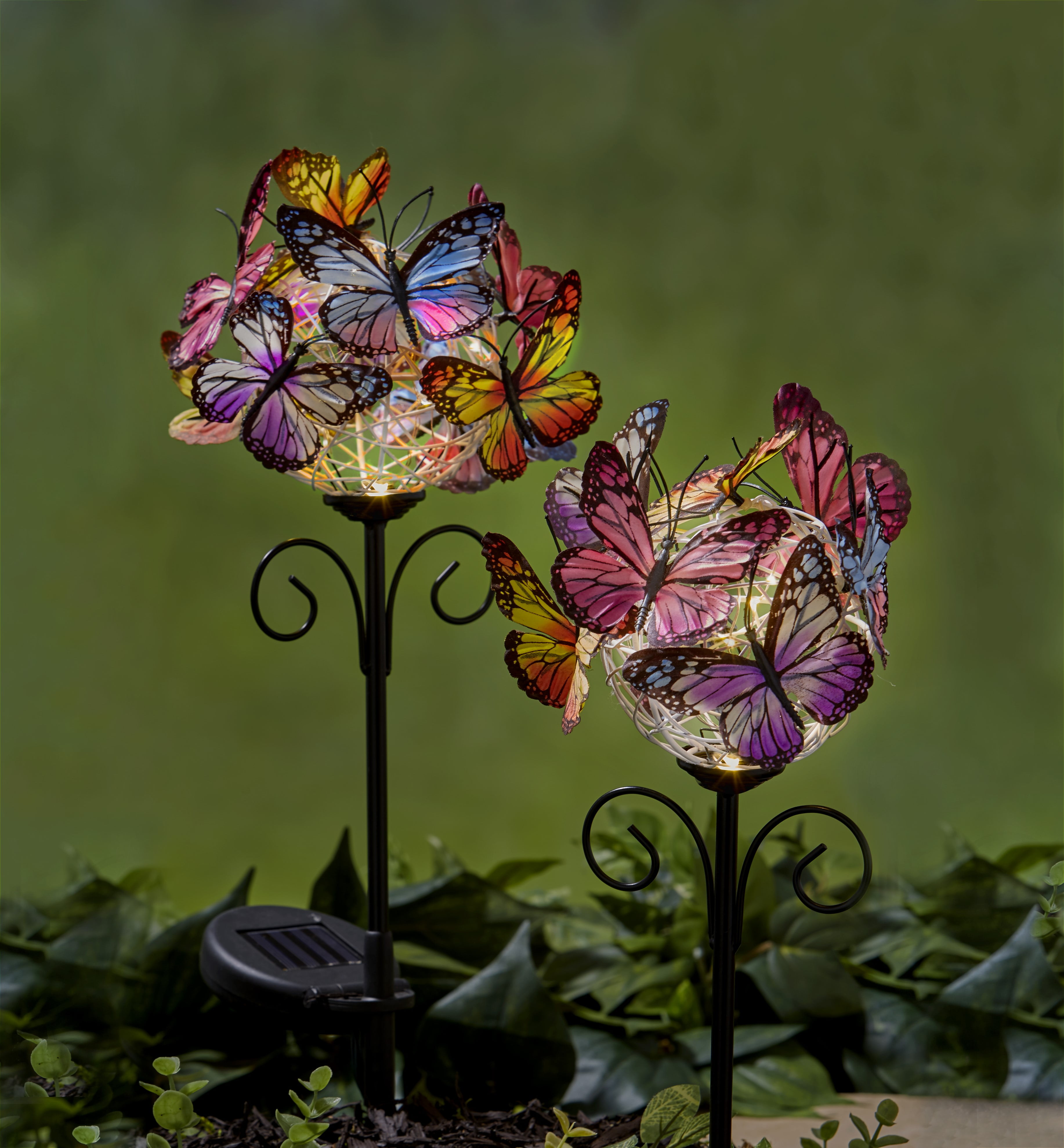 Christmas Decor Multi Color Butterfly Flower Garden Glass birdbath Solar Light 