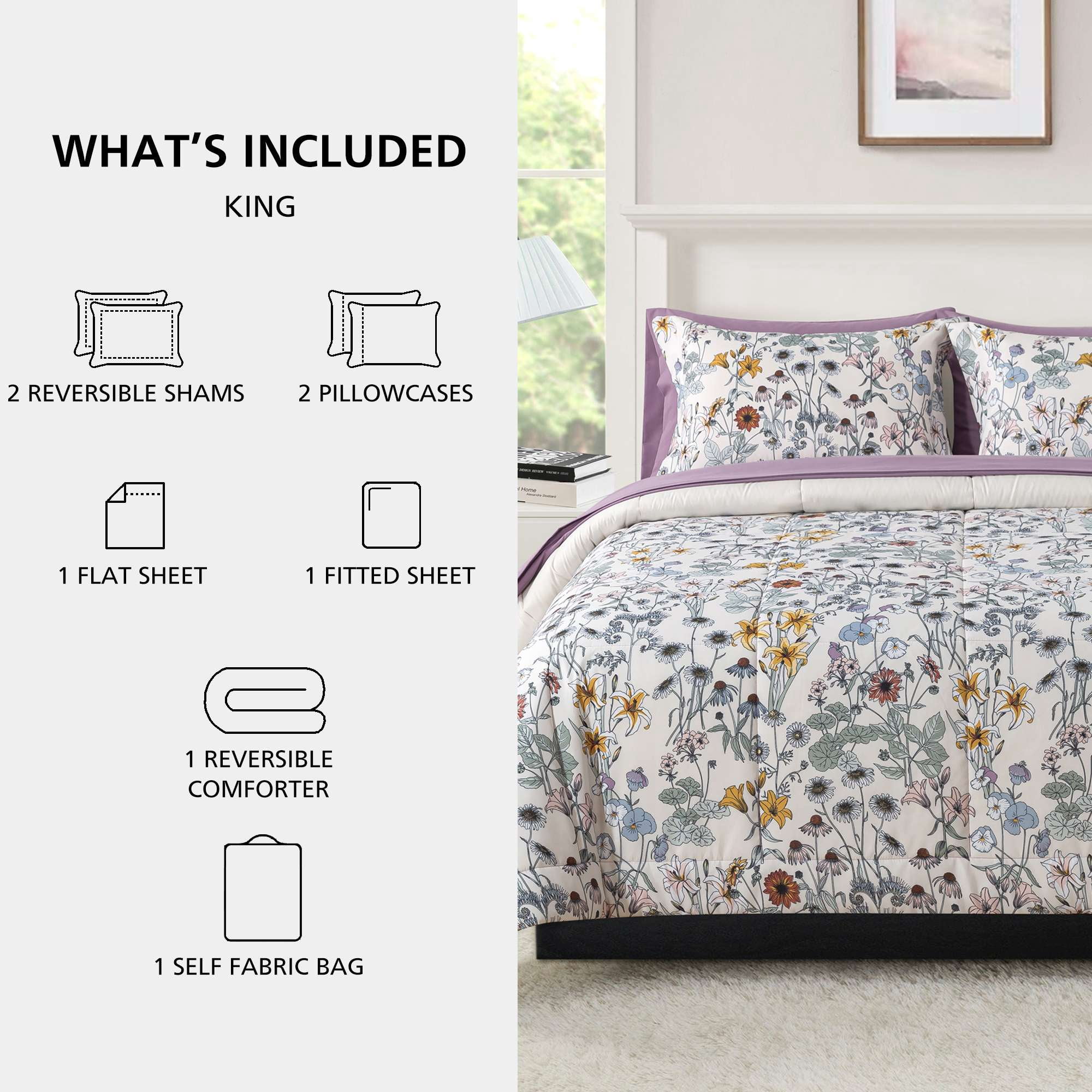 Mainstays All in One Reversible Comforter and Sheet Set, 7-Piece, King, White Multi Floral