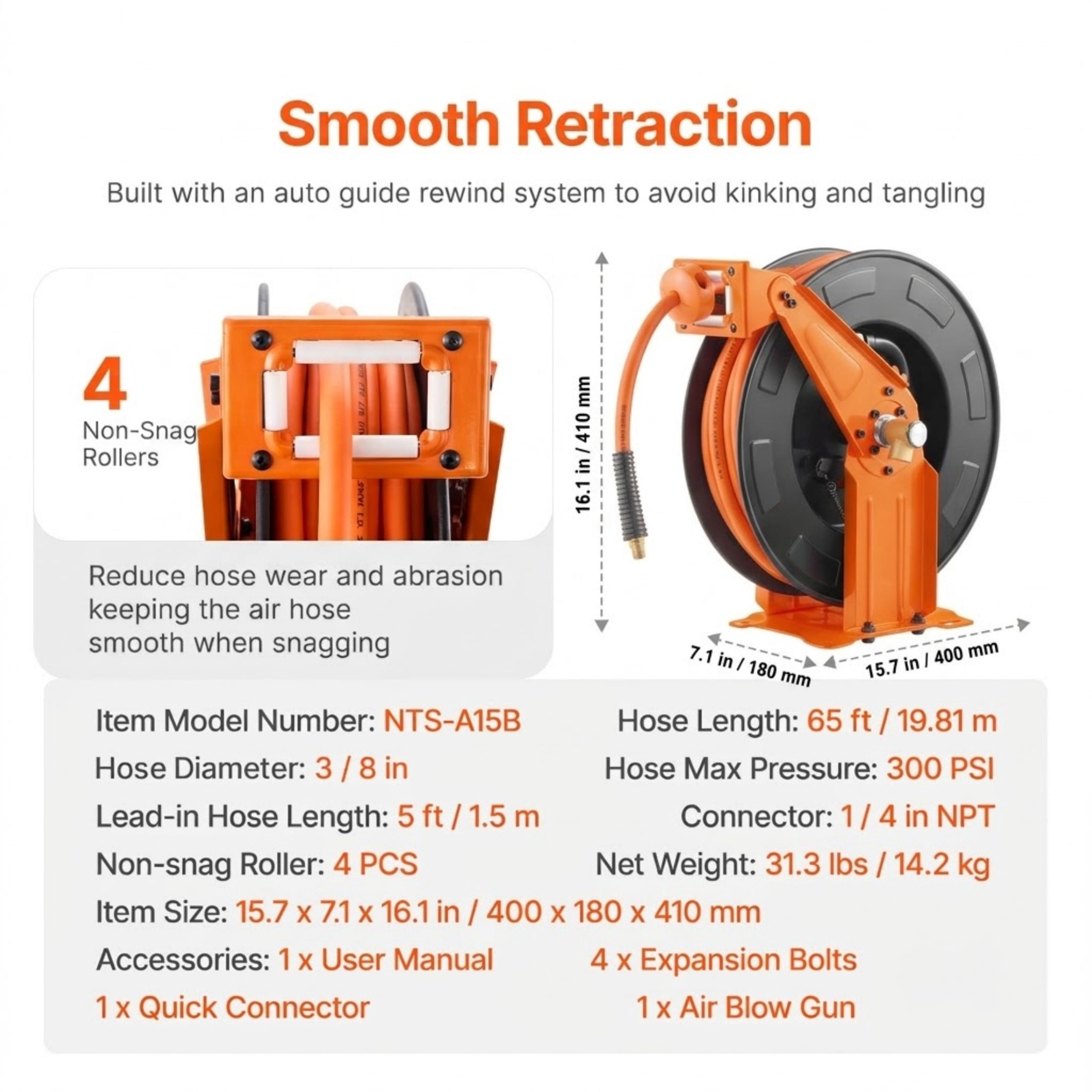 3/8" x 65 ft Retractable Air Hose Reel, Heavy Duty Double Arm Steel Reel with 300 PSI Hybrid Hose