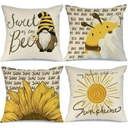 Summer Decorations Pillow Covers 18x18 Set of 4 Sunflower Gnome Sunshine Bee Pillows Decorative Throw Pillows Summer Farmhouse Decor Pillows Case for Home