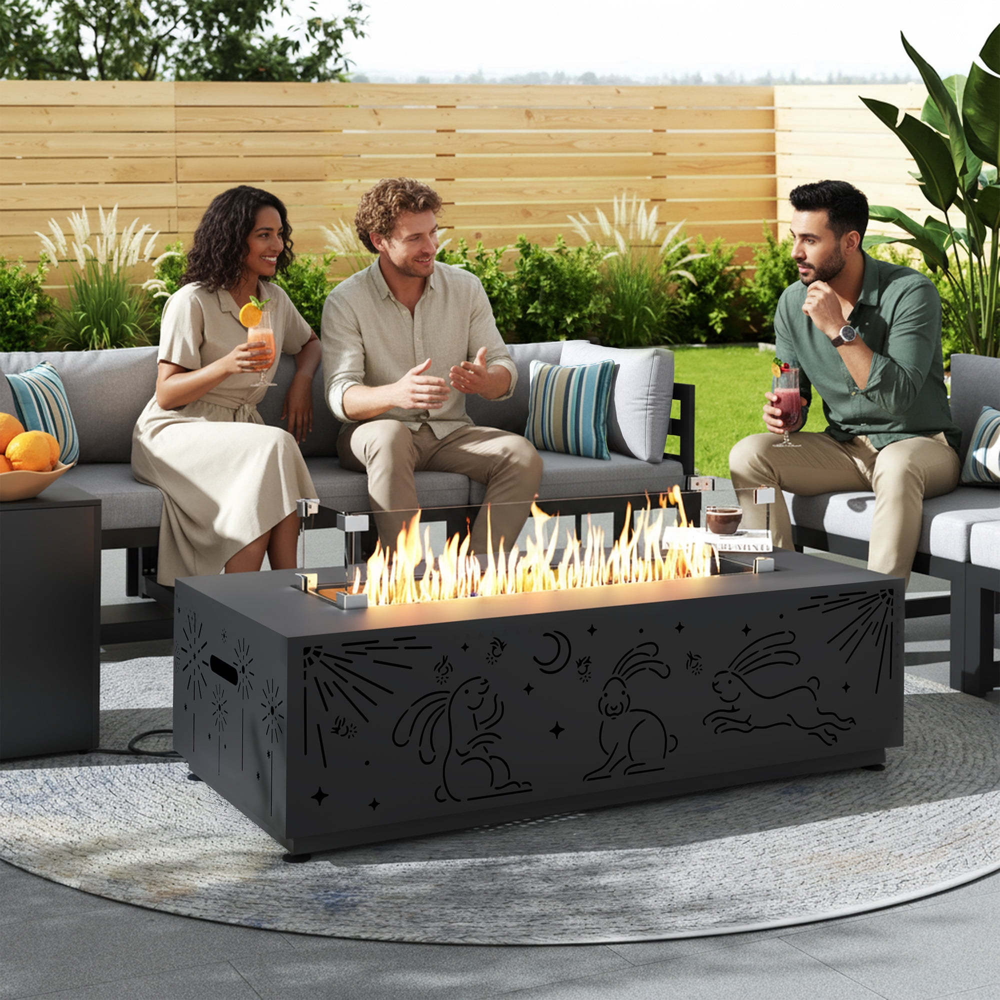 RADIATA 42" Rectangle Fire Pit Table, Dual-Fuel (Propane or Natural Gas), 50000 BTU,LED Rabbit Light, CSA Certified, Dark Gray