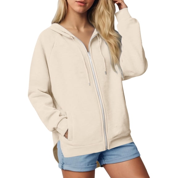 Gkeoshab Womens Sweatshirt Women's Solid Color Raglan Sleeve Zip-Up Hooded Sweatshirt with Side Pockets, Athletic Inspired Jacket for Modern Casual Style and On-the-Go Comfort Beige L