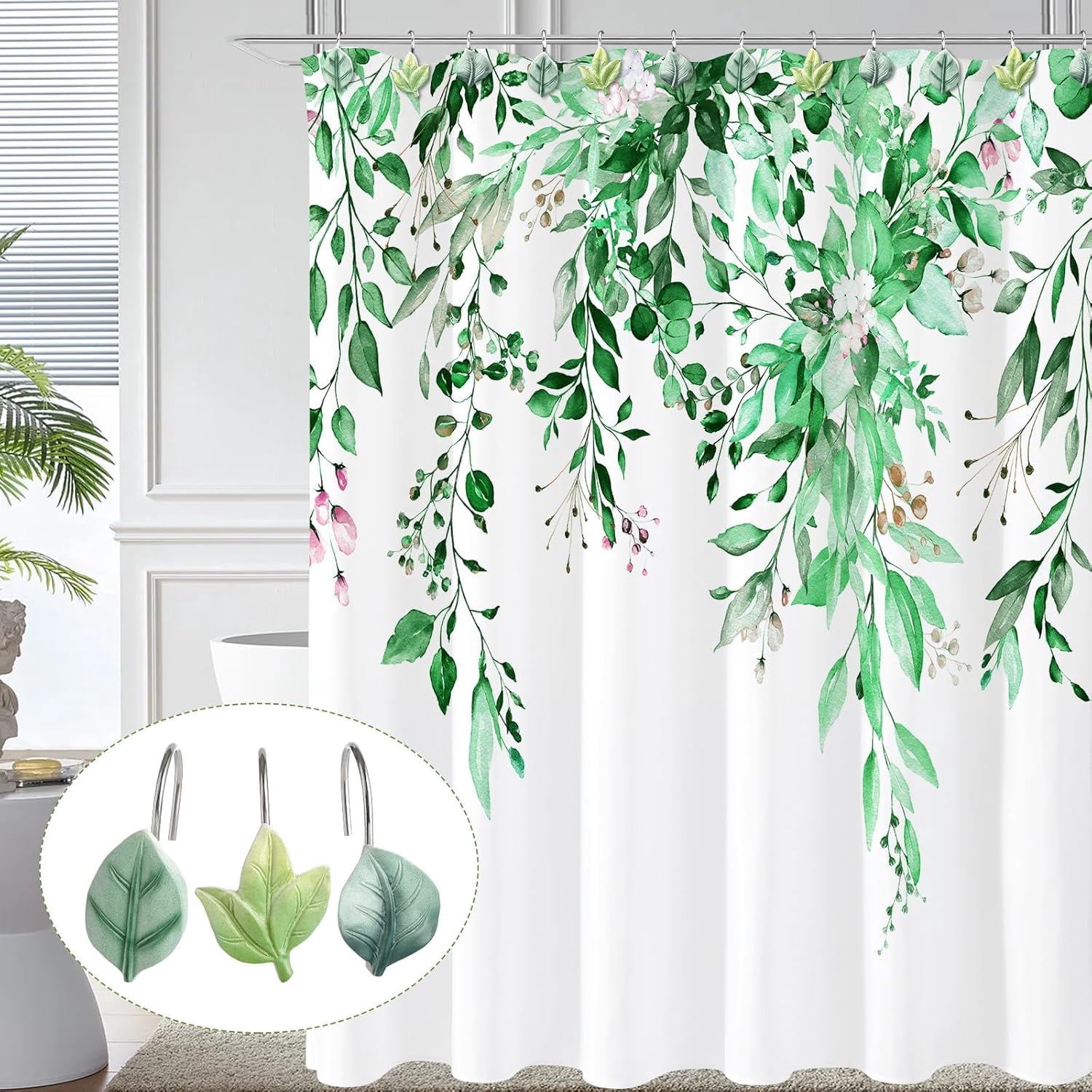 12PCS Leaves Shower Curtain Hooks, Green Plant Decorative Leaf Shower Curtain Hooks Metal Rustproof Cute Eucalyptus Shower Curtain Rings Bathroom Decoration Accessories