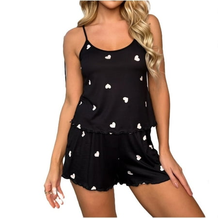 

Womens Pajama Sets Lettuce Trim Spaghetti Strap Sleepwear Black S