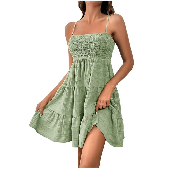 AherBiu Robe Bohème pour Femmes à Bretelles Spaghetti Smockées Sans Manches à Volants Fluide Tenue de Plage Robe Courte
