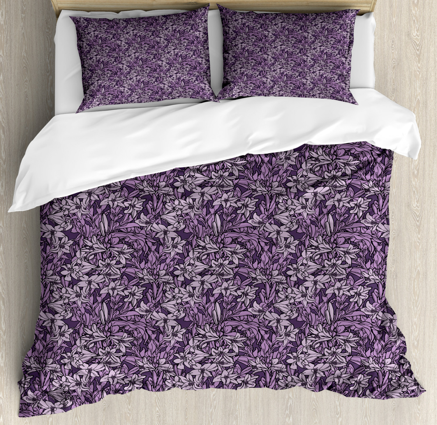 Garden Duvet Cover Set King Size, Flourishing Lilies in Purple Shades