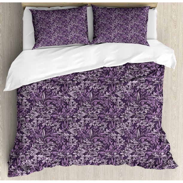 Garden Duvet Cover Set King Size, Flourishing Lilies in Purple Shades