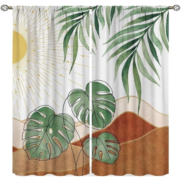 Bohemian Mid Century Boho Curtains, Palm Leaf Abstract Modern Minimalism Window Treatments for Living Room Bedroom Kitchen 2 Panel Fabric, 52x84 Inch