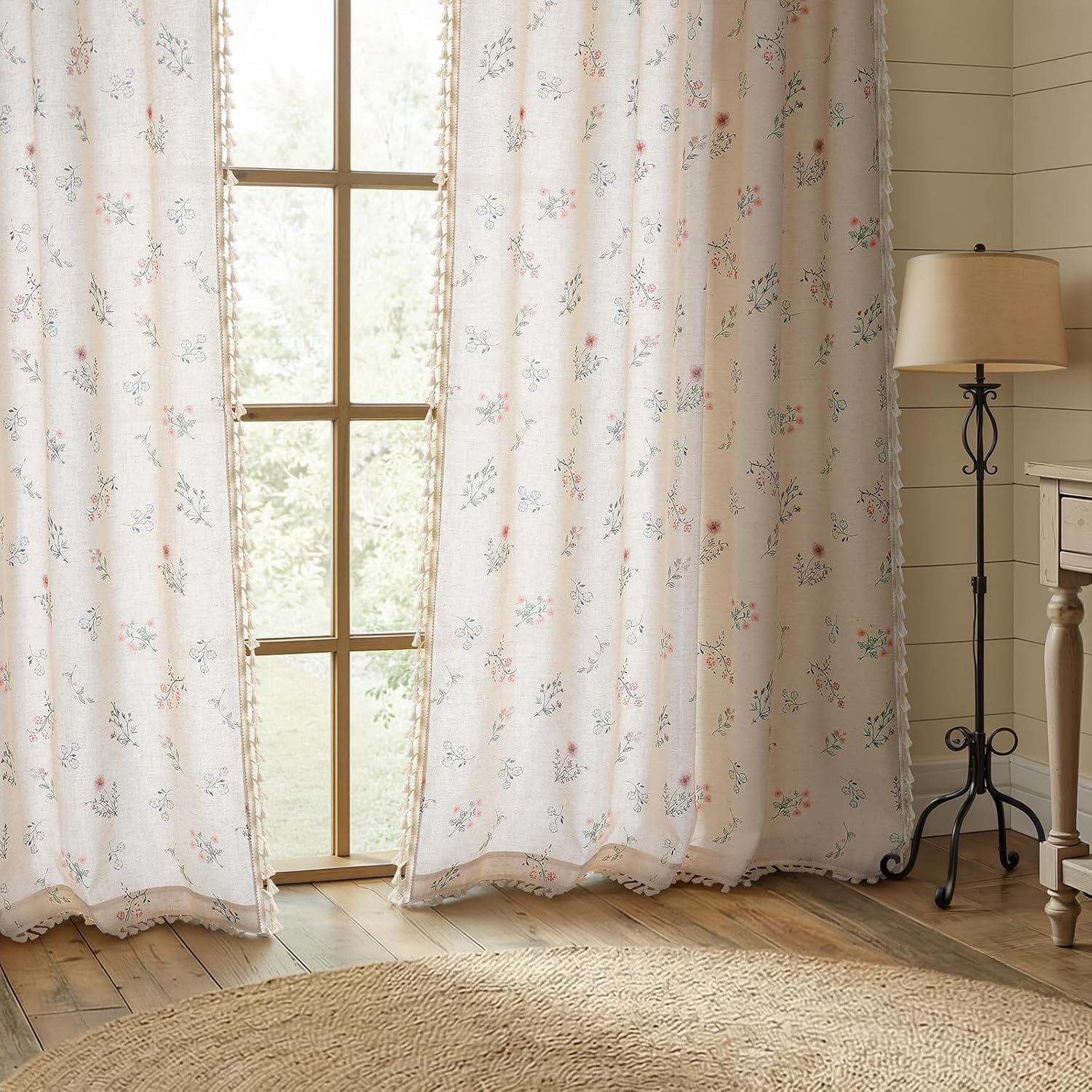 Boho Floral Semi Sheer Curtains 63 Inch Length 1 Panel, Linen Texture Farmhouse Light Filtering Curtains Beige Tassel for Bedroom Living Room Vintage Rustic Patterned Printed Western Rod Pocket
