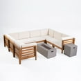 thumbnail image 2 of Frankie Outdoor U-Shaped 8 Seater Acacia Wood Sectional Sofa Set with Fire Pit, Teak, Beige, and Light Gray, 2 of 10