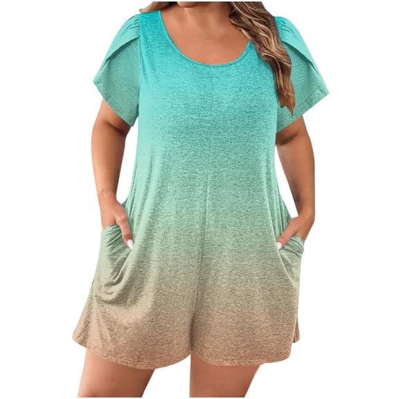 Qiopertar Plus Size Jumpsuit for Women Casual Loose Puff Sleeve Romper Gradient Print with Pockets Summer Beach Vacation Oversized Shorts, Green L