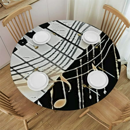 

BANET Tablecloth Piano and Music Note Tablecloths Diameter Round Instrument Letter Black Tablecloths for Dining Kitchen Wedding and Parties 38 -42